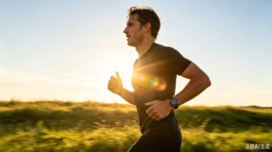 Athletic man running in sportswear with a smartwatch, sweating and full of energy
